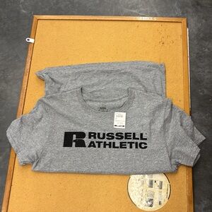 NWT Russell Athletic Gray Men's SS Tee T-Shirt Black Logo Polyester Cotton M